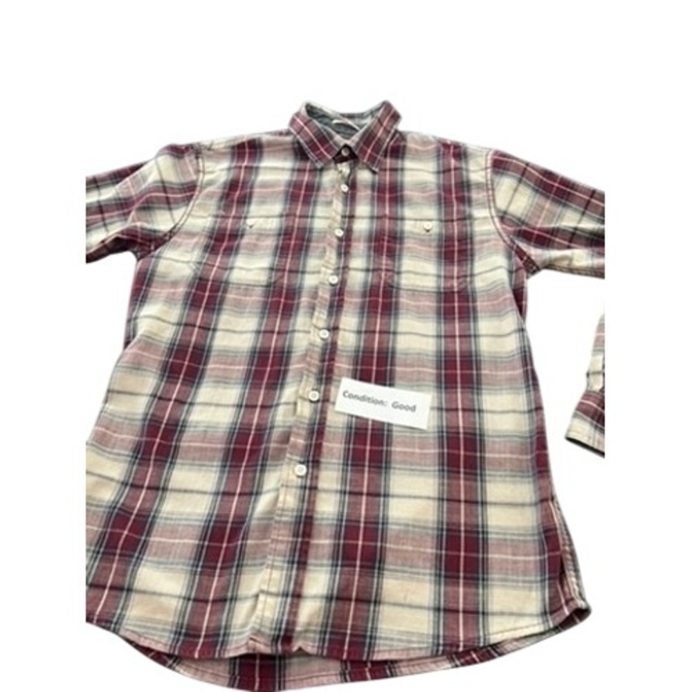 Wrangler Flex for Comfort Mens Medium Plaid Button Down Shirt Burgundy Cream
